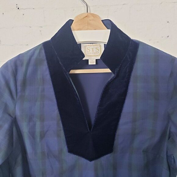 Sail To Sable Tartan Plaid Stretch Tunic Top Size S Blue Green Velvet Trim - Picture 4 of 8